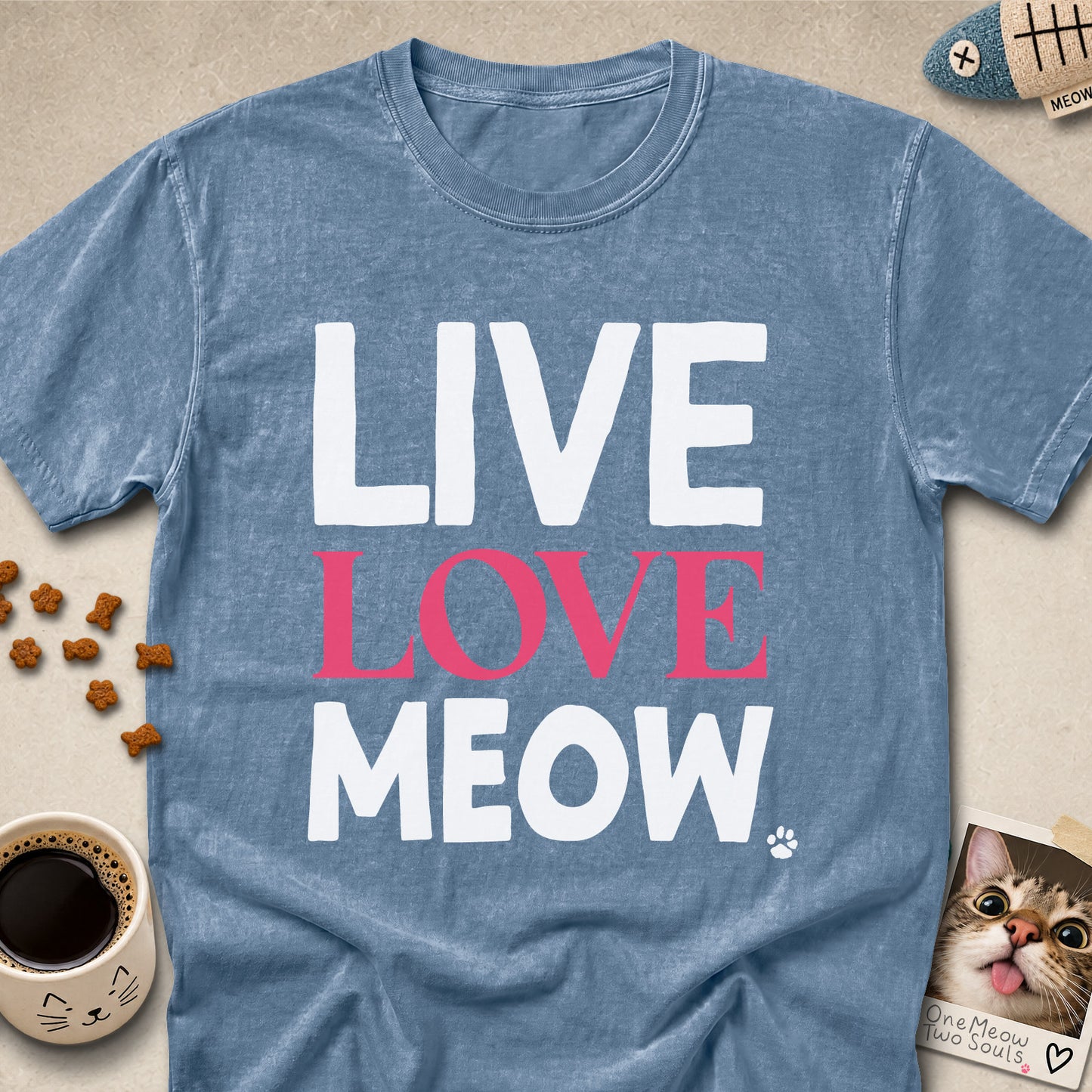 Blue Jean colored Comfort Colors 1717 cotton T-shirt, presenting a "Live Love Meow" funny cat design. One Meow Two Souls brand.