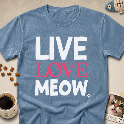 Blue Jean colored Comfort Colors 1717 cotton T-shirt, presenting a "Live Love Meow" funny cat design. One Meow Two Souls brand.