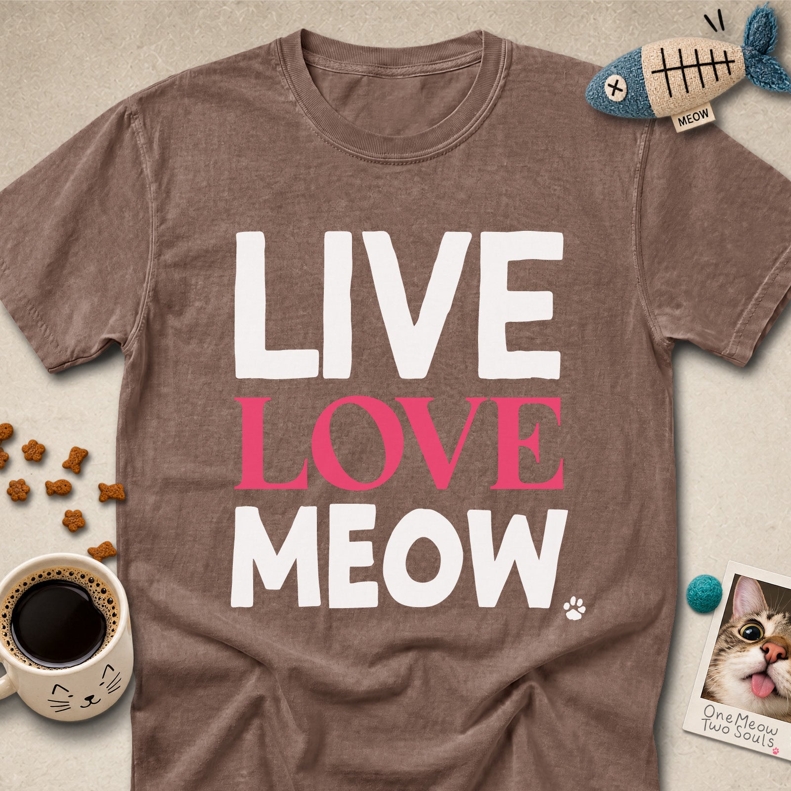 Espresso colored Comfort Colors 1717 cotton T-shirt, presenting a "Live Love Meow" funny cat design. One Meow Two Souls brand.
