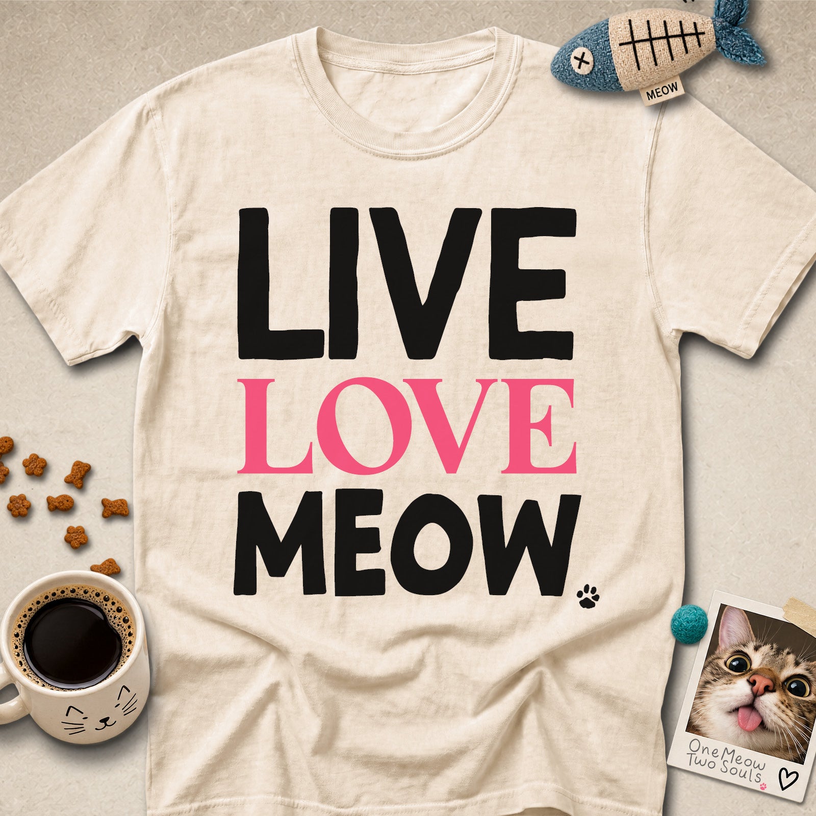 Ivory colored Comfort Colors 1717 cotton T-shirt, presenting a "Live Love Meow" funny cat design. One Meow Two Souls brand.
