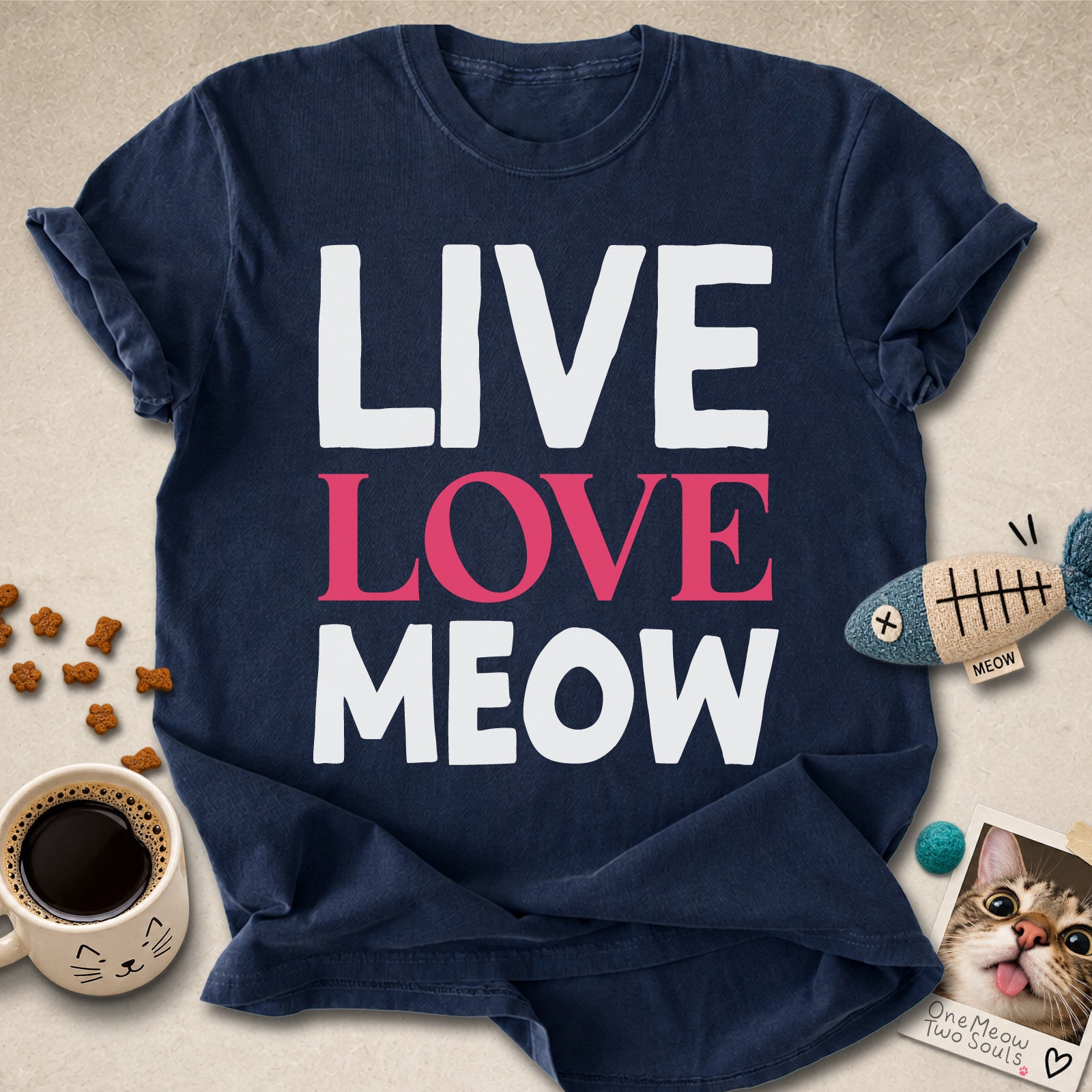 Navy colored Comfort Colors 1717 cotton T-shirt, presenting a "Live Love Meow" funny cat design. One Meow Two Souls brand.