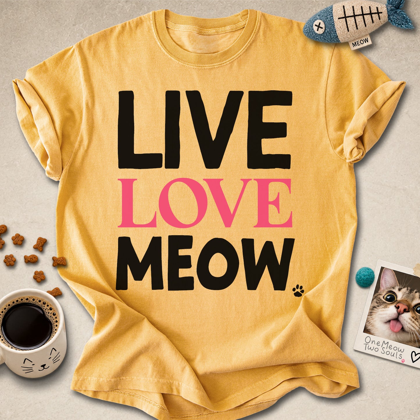Mustard colored Comfort Colors 1717 cotton T-shirt, presenting a "Live Love Meow" funny cat design. One Meow Two Souls brand.