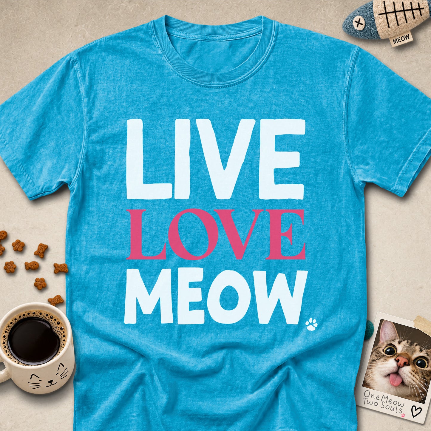 Sapphire colored Comfort Colors 1717 cotton T-shirt, presenting a "Live Love Meow" funny cat design. One Meow Two Souls brand.