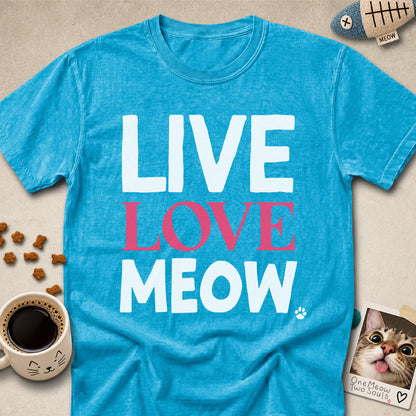 Sapphire colored Comfort Colors 1717 cotton T-shirt, presenting a "Live Love Meow" funny cat design. One Meow Two Souls brand.
