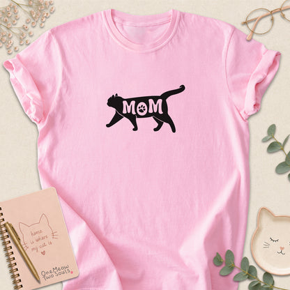 Blossom color Comfort Colors 1717 short-sleeve t-shirt with a white cat silhouette and the word 'MOM' across the chest. One Meow Two Souls brand.